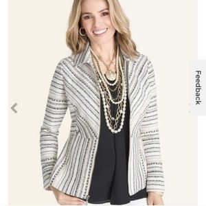 Chico’s Tweed Jacket Size 3 XXL Zip Front Textured Blazer Black White NWOT